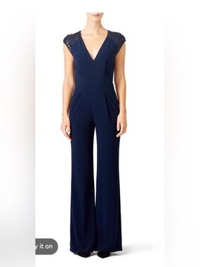 Halston Heritage Cap-Sleeve Navy Jumpsuit with Embellished Shoulders